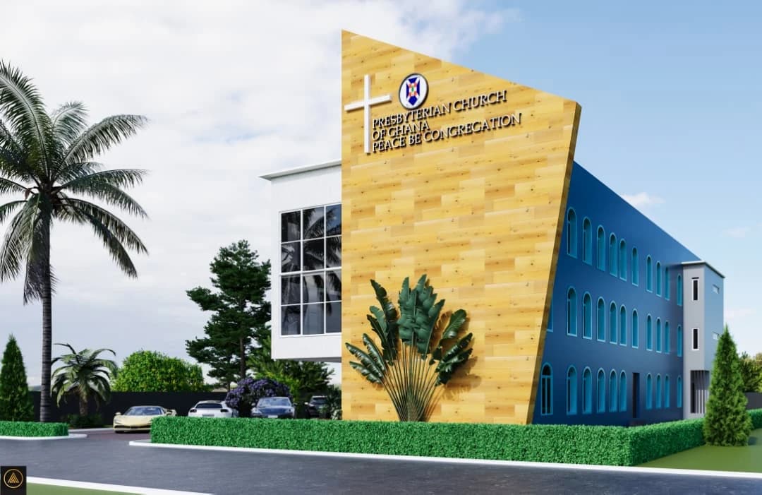 Architectural rendering of the new Peace Be Congregation church building, now under construction, seen from the side, showing the timber-clad front with the cross and church name and the blue three-storey wing behind it