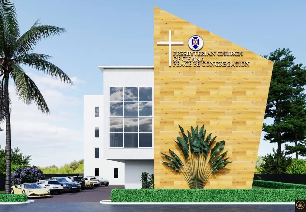 Architectural rendering of the Peace Be Congregation church building, with a cross and the church name on its timber-clad front wall